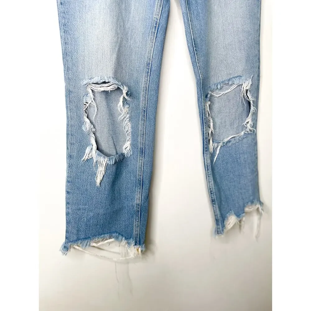 Free People Maggie Cropped Ripped Knee Jeans Size 25 Raw Ankle Distressed Denim